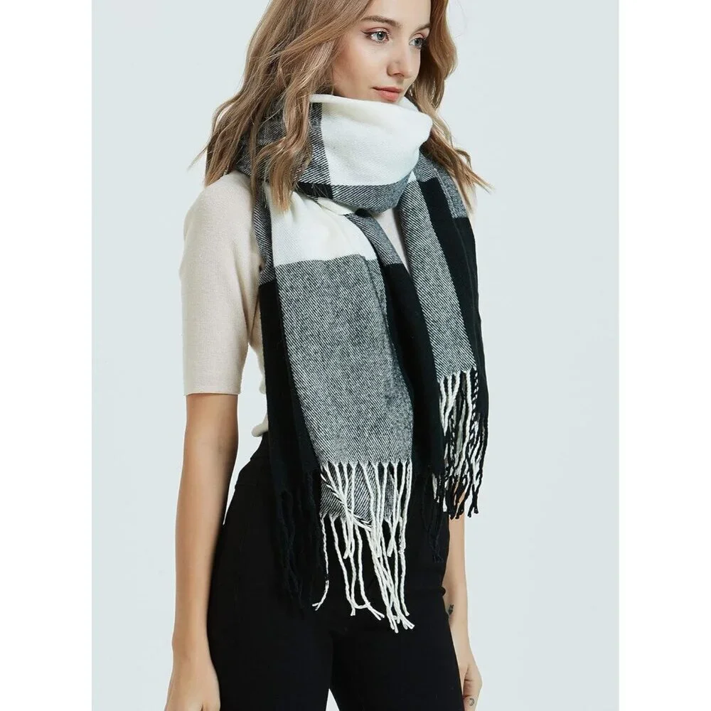 Women's Big Plaid Black Fashion Long Shawl Big Grid Winter Warm Lattice Scarfs